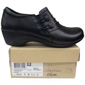 Clarks Channing Haley Slip On Black Leather Loafers Womens size 9 Low Wedge Heel